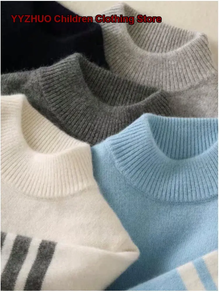 Kids Pullover Sweater Boys Girls Autumn Winter Mock Neck Cashmere Knit Top Solid Color Thickened Warm Soft High Neck