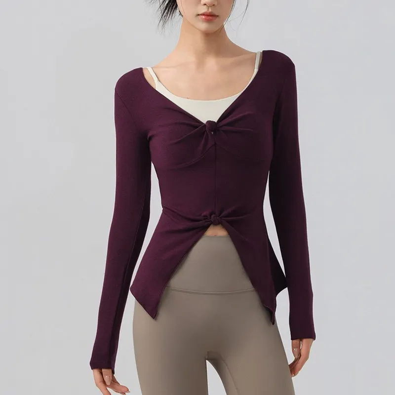 Long Sleeved T-shirt for Women Solid Color Versatile V-Neck Slim Fit Yoga Tees Female Fitness Double Knot Quick Drying Tops