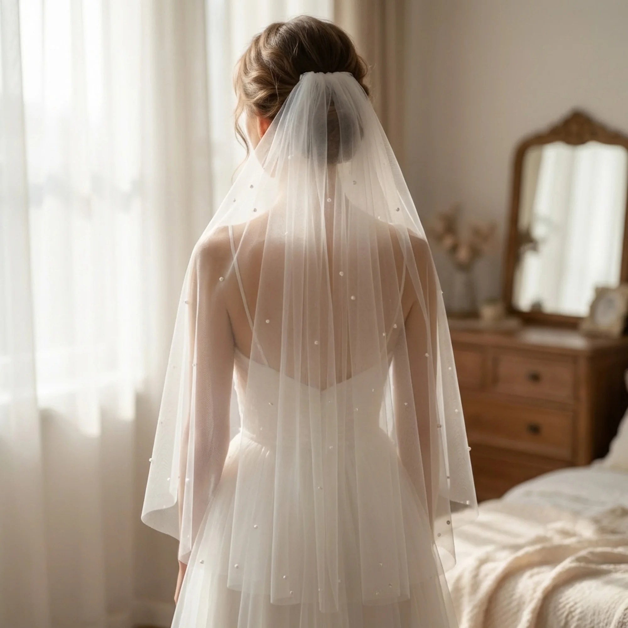 

Elegant Pearl Wedding Veil with Comb 77cm Short Tulle Bridal Veil White Beaded Headpiece for Bachelorette Party Marriage Accesso