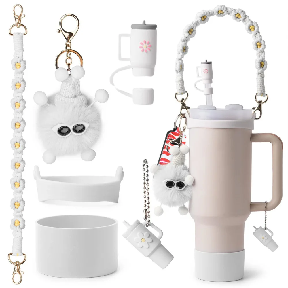 6pcs Cup Accessories Set for Floral Themed Thermal Bottle Handle Strap/Silicone Cup Boots/Spill Proof Stopper/Hairball Charm Kit