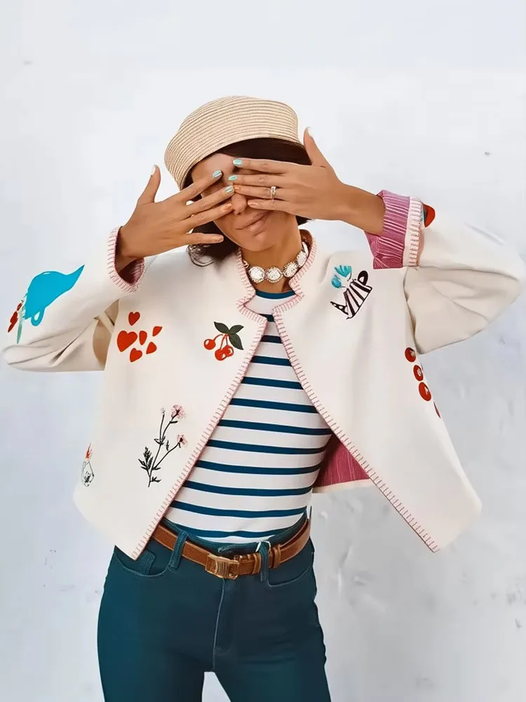 

HH женская осенняя модная винтажная куртка с круглым вырезом и вышивкой, женский шикарный яркий кардиган с длинными рукавами, украшенный нитью, пальто