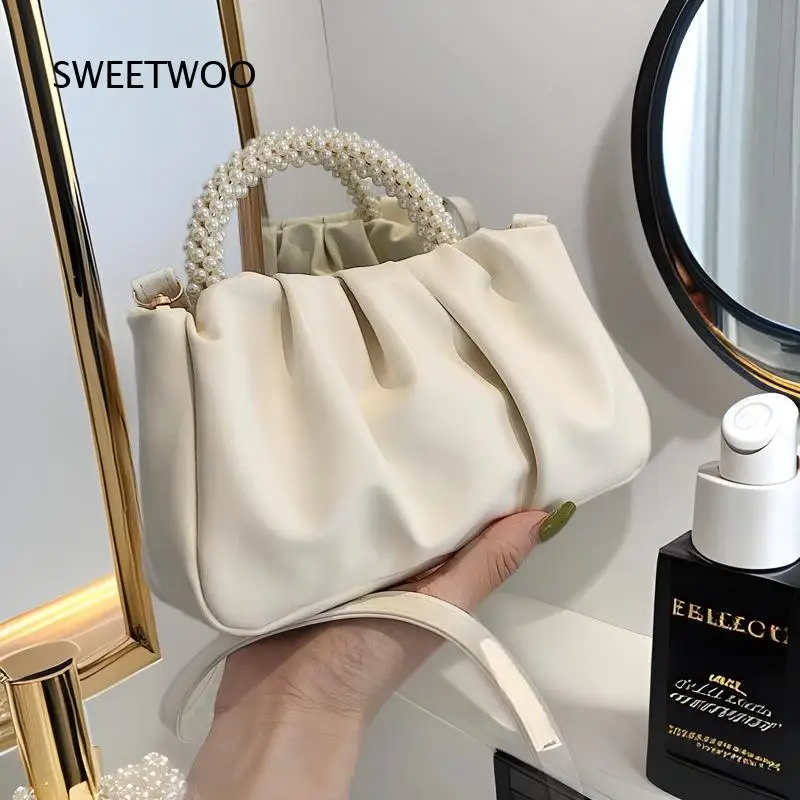 White Pleated Faux Leather Handbag Pearl Beaded Top Handle Removable Strap Elegant Wedding Party Evening Crossbody Purse