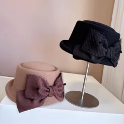 Japanese curl-brimmed top hat 100% Australian wool felt hat Women's elegant fashion Hepburn wind mesh large butterfly basin hat