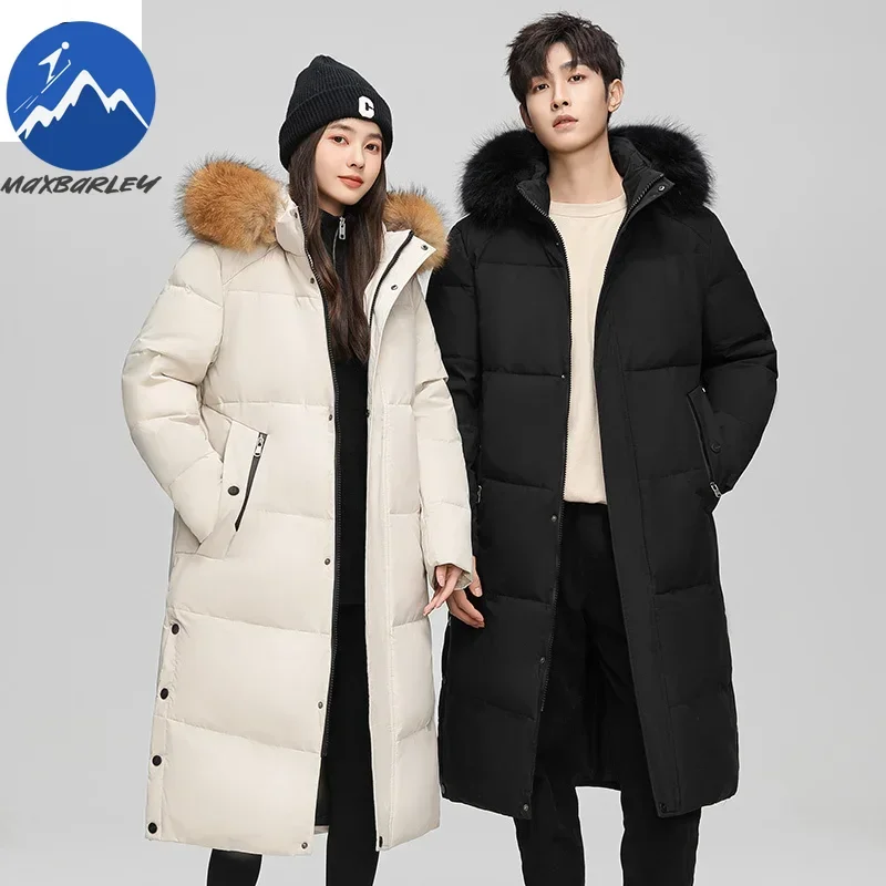

Winter Long Down Jacket Mens Trendy Thick Warm Hooded Fur Collar White Duck Down Coats Couple's Snow Clothing Cold-proof Parka