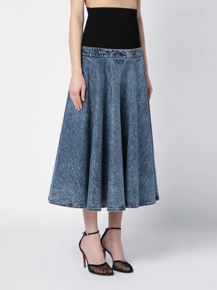 

Knitted splicing denim skirts y2k temperament fashionable high-waisted long large skirt ladies bustier 2024 summer new