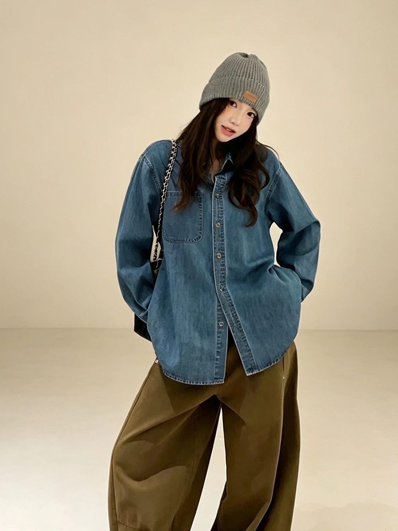 Women's Classic Blue Embroidered Pocket Denim Shirt Loose Fit Casual Outerwear Top Trendy Autumn New Style Vintage Style