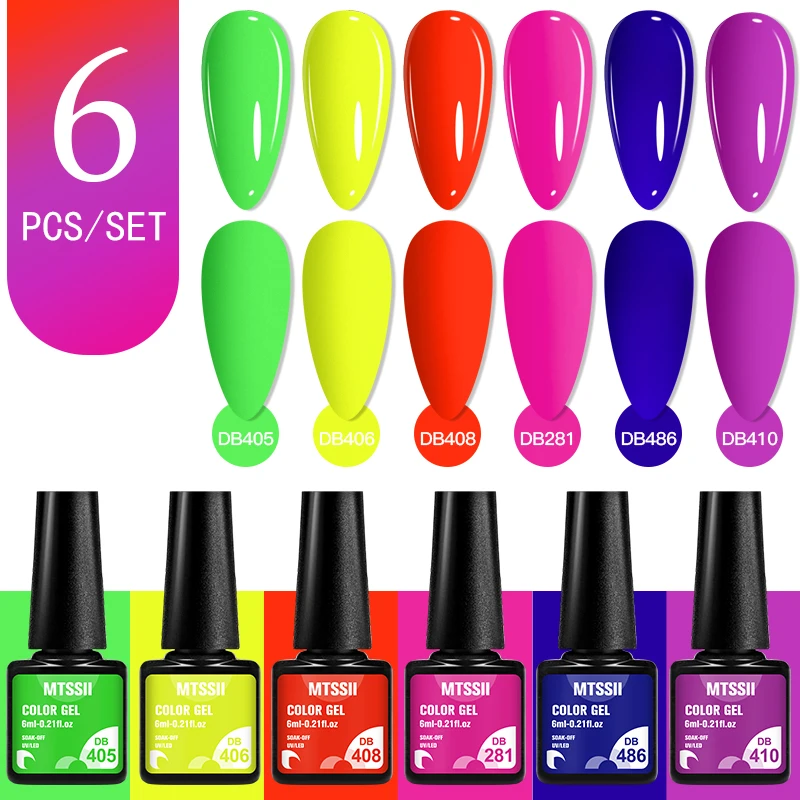 MTSSII 6PCS/Set Colorful Gel Nail Polish For Nails Pink Nude Neon Soak Off Nail Art UV Gel Varnish Manicure Kit Nail Supplies