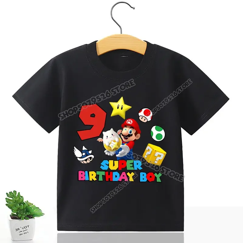 Super Marios Number T Shirt for Boy Birthday Clothes Mario Bros Kids Cotton Tees Tops Game Cartoon Summer Digital Baby Tee Shirt