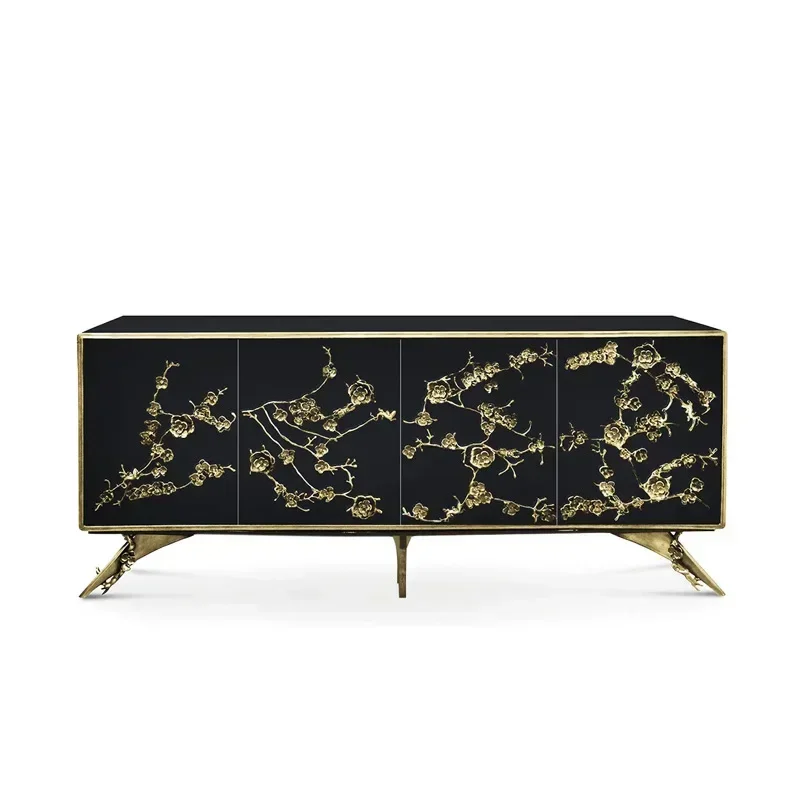 Light luxury solid wood dining side cabinet, creative pure copper flower branch storage locker