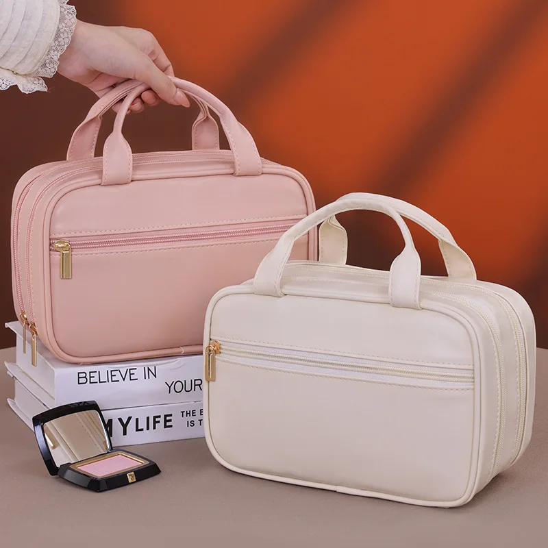 Portable Makeup Bag PU Leather Cosmetic Organizer Multi Pocket Large Capacity Travel Wash Pouch for Ladies Daily Outdoor Use