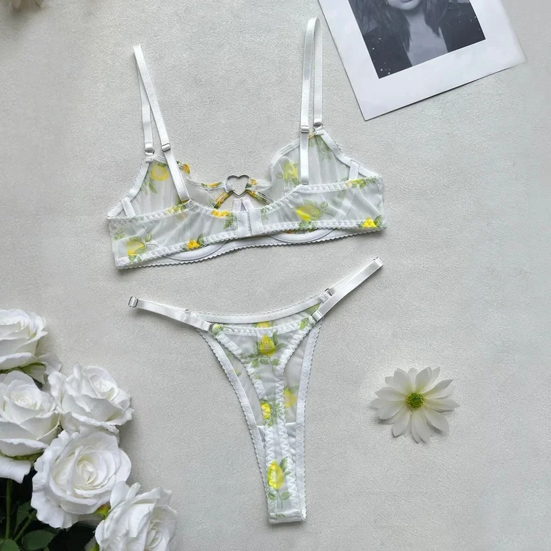 Coquette Women's Lingerie Sets Sexy Lemon Cutout Bra Thong 2PC Youth Girls' Sensual Intimates Romantic Heart Decor Kit