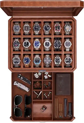 18-Slot Luxury Watch Box with Drawer, Real Glass Top, Lockable Display Case for Men's Collections (Tan/Brown)