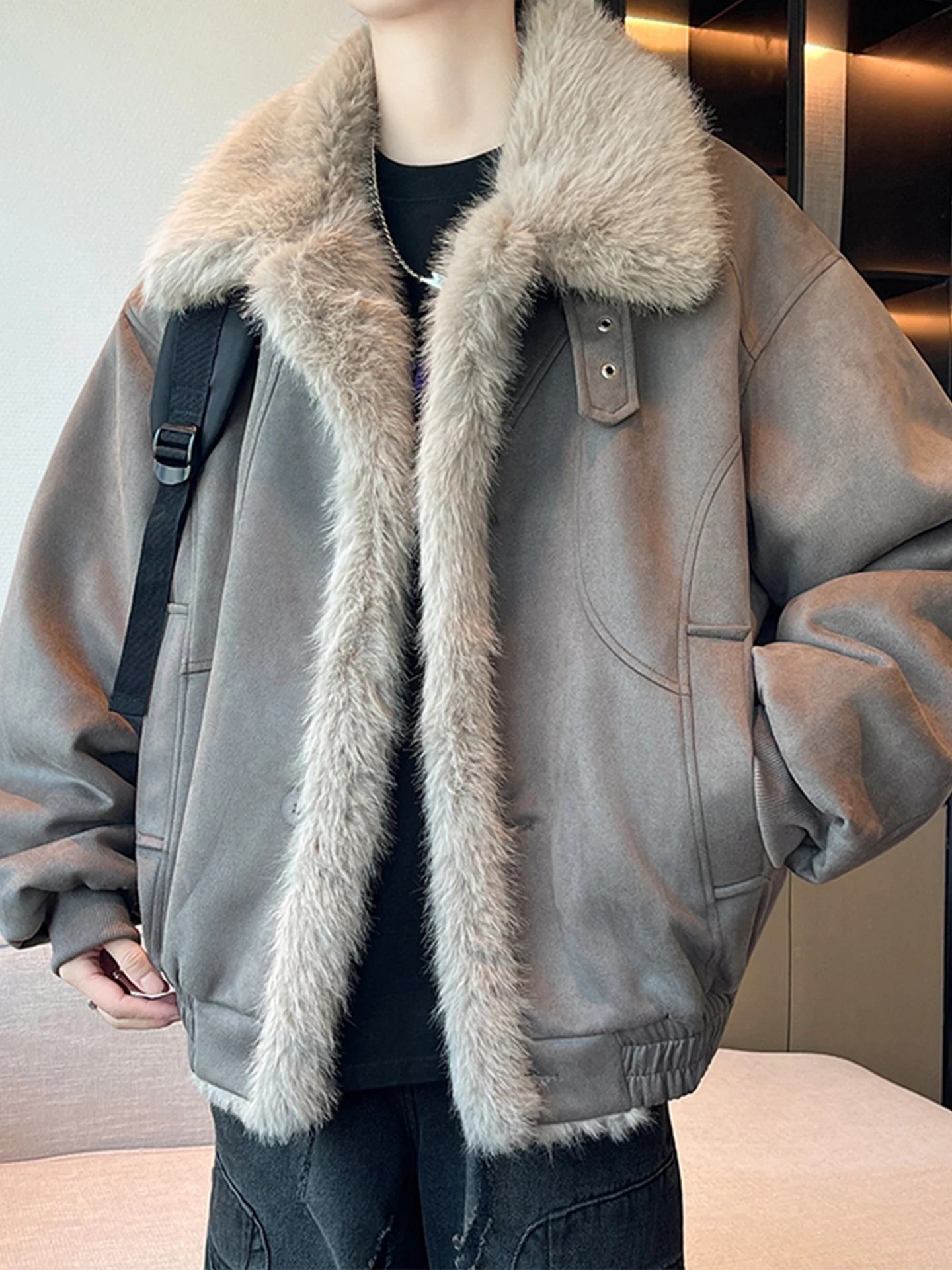 

American Sle Men's Winter Jaet Fur Lined Thiened Leather Cotton Coat Casual Wear Warmth Assurance Stand Sve Zipper