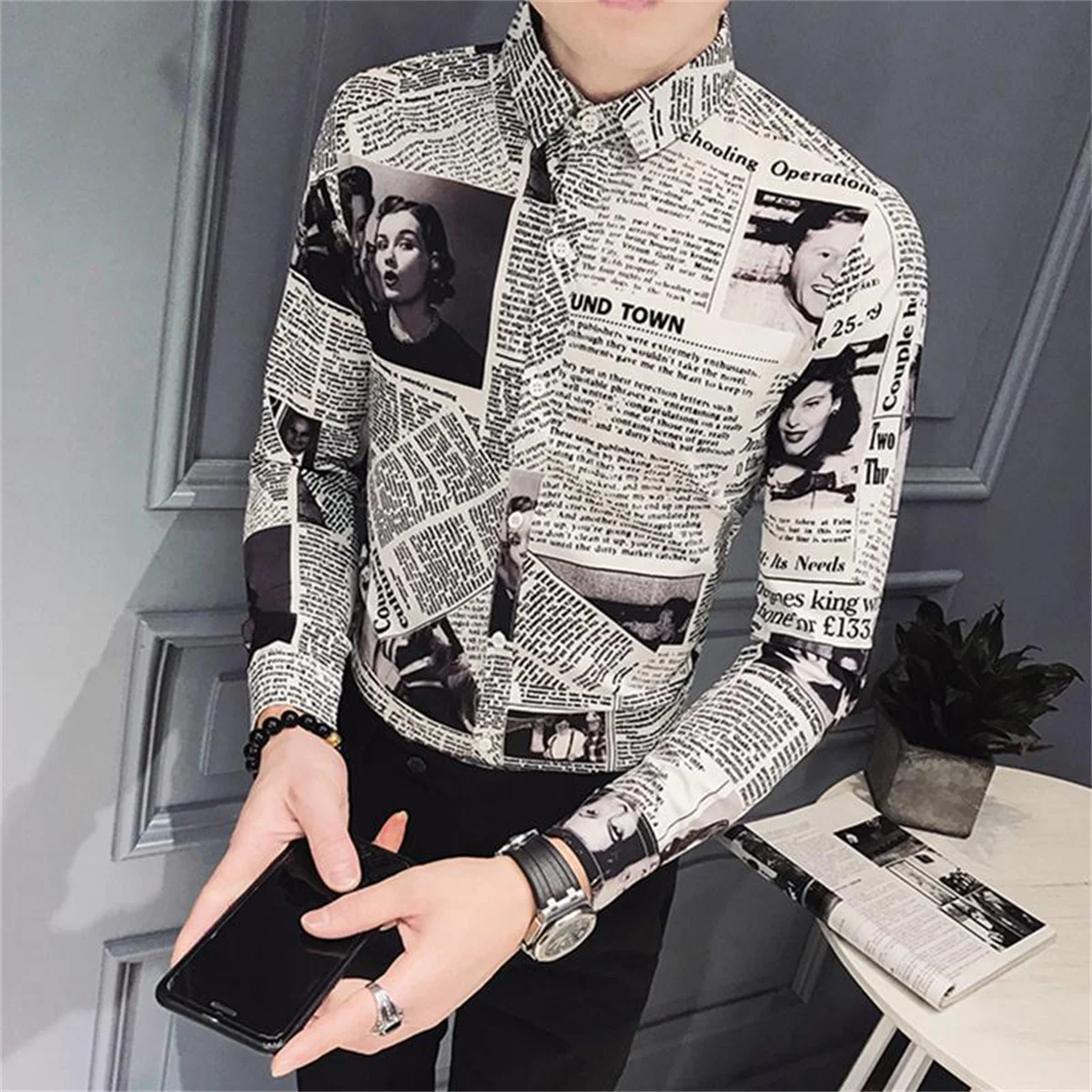 Camisas geniales de Hip Hop para hombre, camisa holgada de periódico a la moda, ropa de calle, camisas informales de manga larga para verano, camisetas divertidas Ulzzang High Street