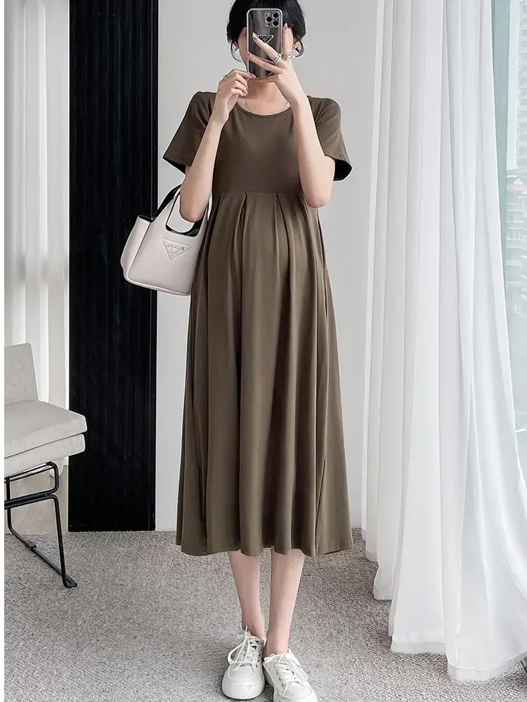 

Korean Style Fashion Summer Maternity Dress O-Neck Short Sleeve Loose Casual Pregnant Women Pleated Dress Pregnancy Clothes