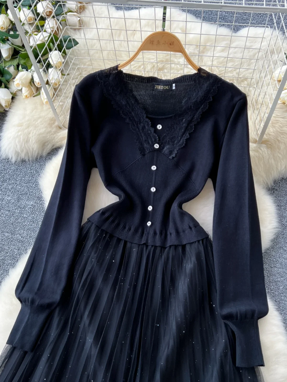 French Black Dress Women Autumn Winter Elegant V-neck Yarn Dresses Ladies Knitted Patchwork Vintage Party Long Robe Vestidos