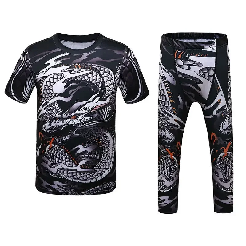 Snake Kids jiu jitsu MMA T-shirt + spodnie Bjj Rashguard KickBoxing zestaw chłopiec dzieci Muay Thai spodenki odzież MMA rajstopy uciskowe