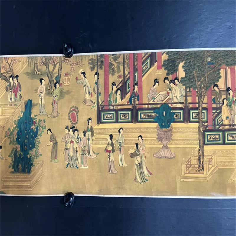 لوحة تمرير طويلة قديمة في الصين، لوحة ألوان مائية من تشيو يينغ لمقتنيات مائة الجمال #4