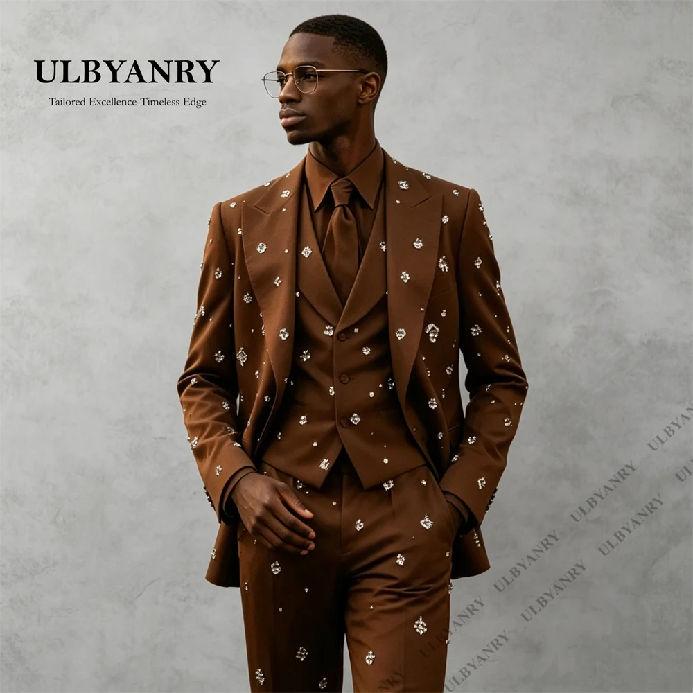 

ULBYANRY Men's Luxury 3-Piece Suit Set for Formal Occasions Crystal Embellished Gentleman Prom Suit Attire, Wedding Groom Tuxedo