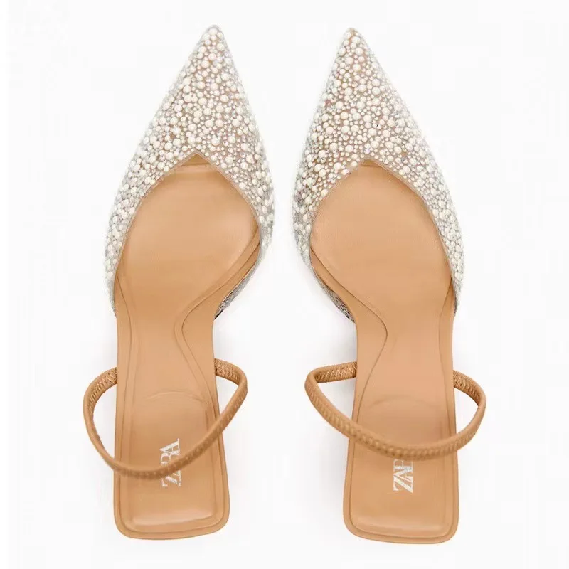 2023 Woman Pumps Pointed toe Pearl Heels Women High-heeled Slingback High heels Wedding Bride Transparent Rhinestone Heels