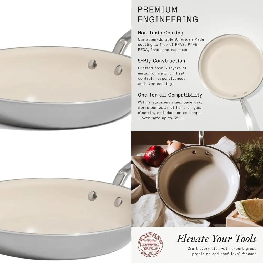 

10 Professional Ceramic Nonstick Fry Pan with Stainless Steel Handle and 5-Ply Construction