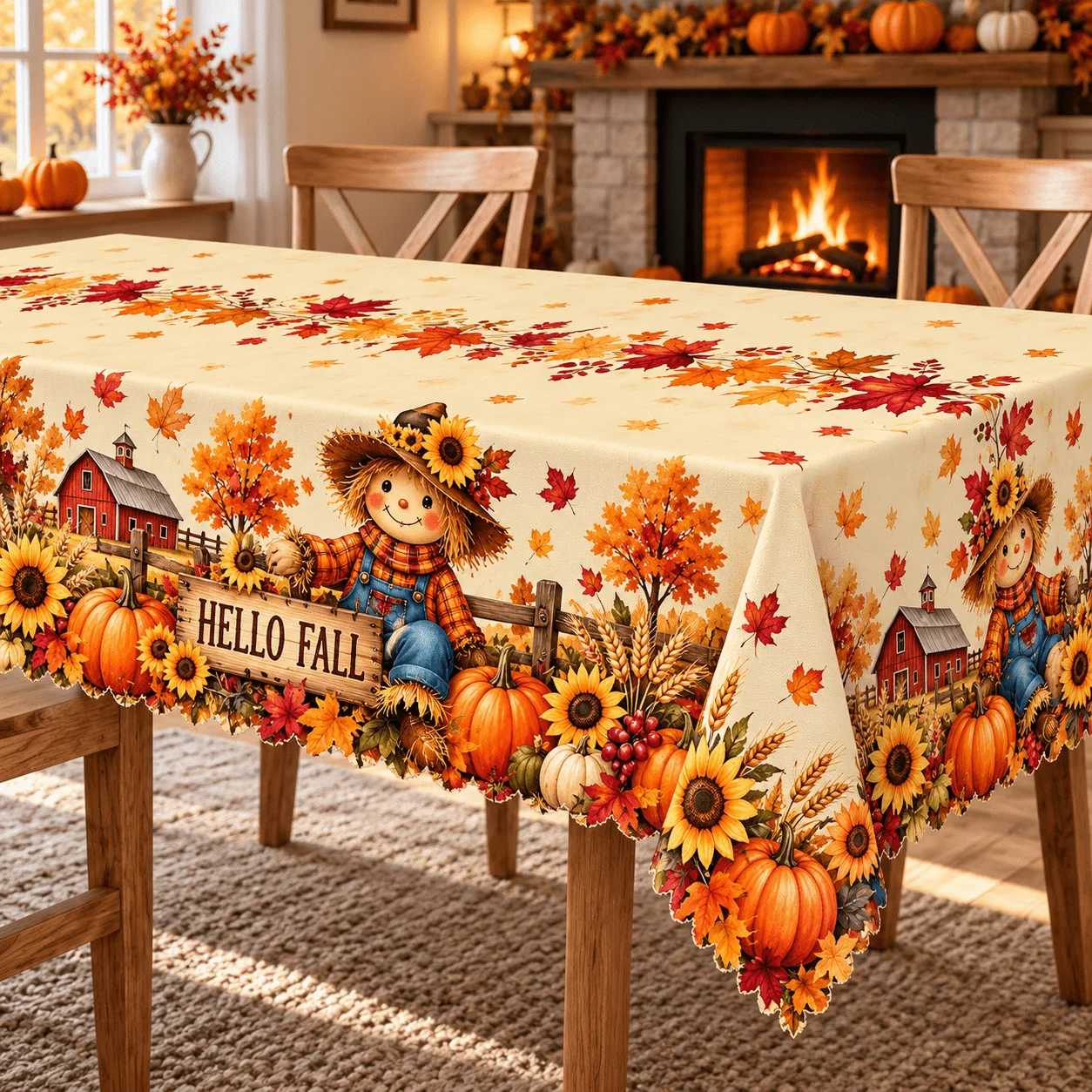 1 round tablecloth, autumn harvest scarecrow pumpkin sunflower maple leaf print polyester tablecloth