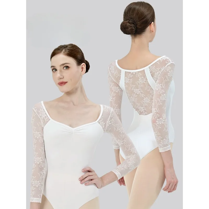 

customized Ballet dance costume yoga jumpsuit lace patchwork V-neck long sleeved leotard performance art exam female