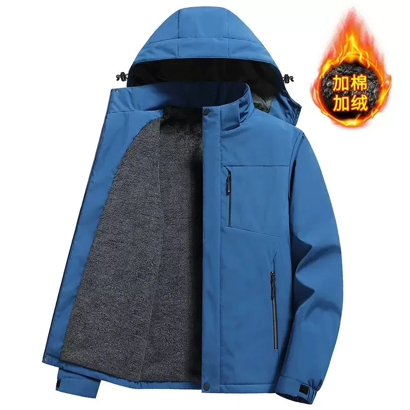 

Winter Solid Color Waterproof and Plush Thick Warm Hooded Jacket For Men's Casual Loose Sports Plus Large Size High-end Jacket