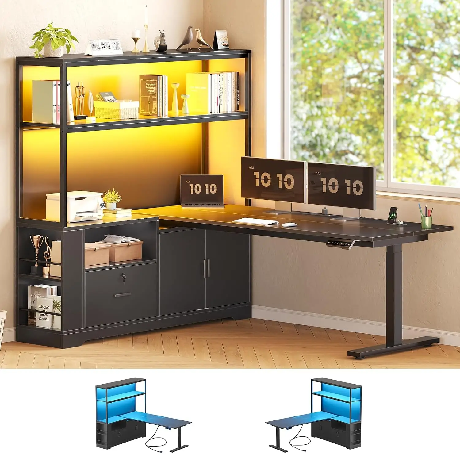 L Shaped Standing Desk with Hutch, Drawer, Shelves, LED & Power Outlet, Reversible Corner Sit Stand Desk, 57 Inch, Customized