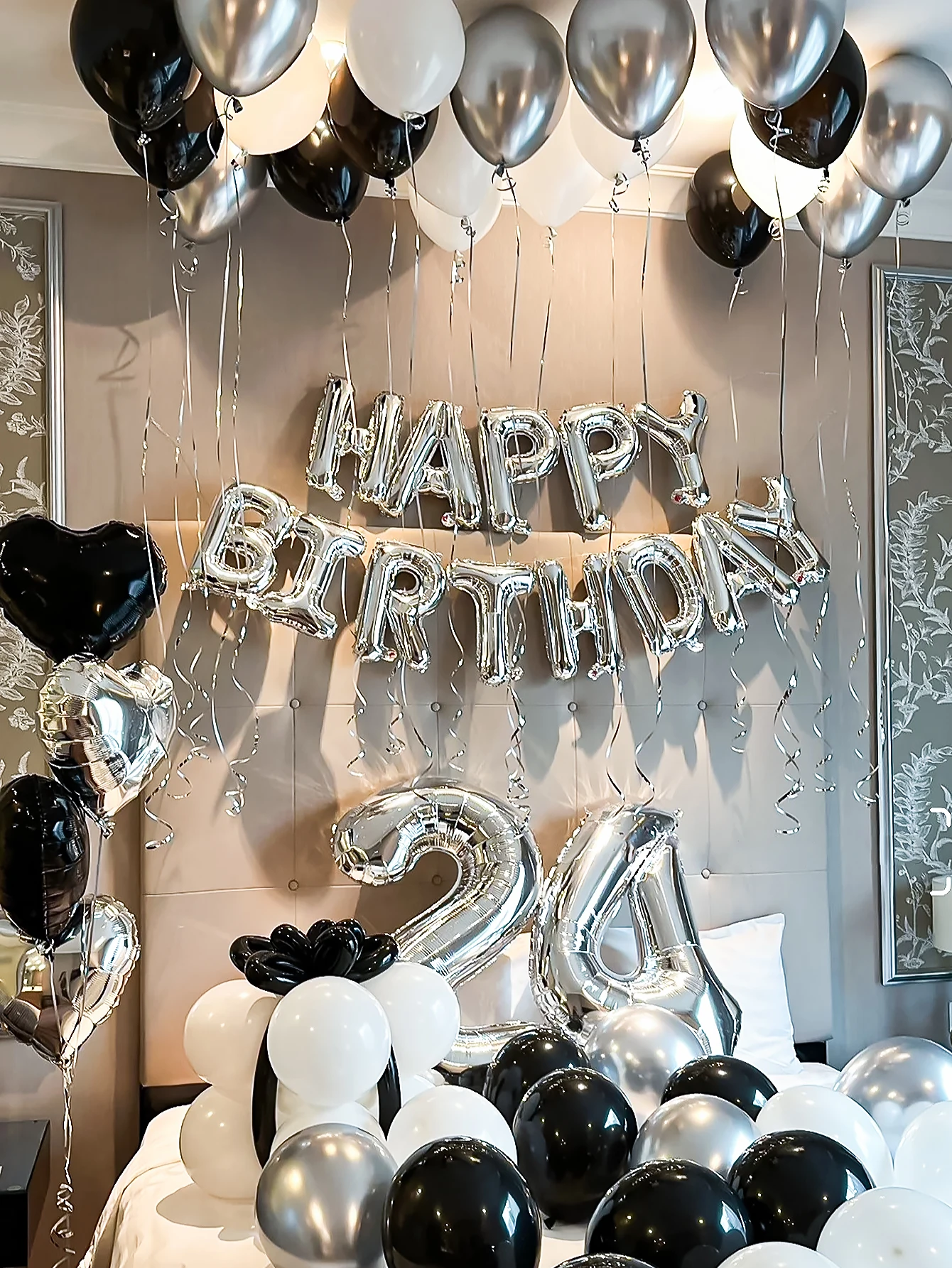 16-inch black, silver and white happy birthday balloon set, suitable for happy birthday party scene decoration, New Year party