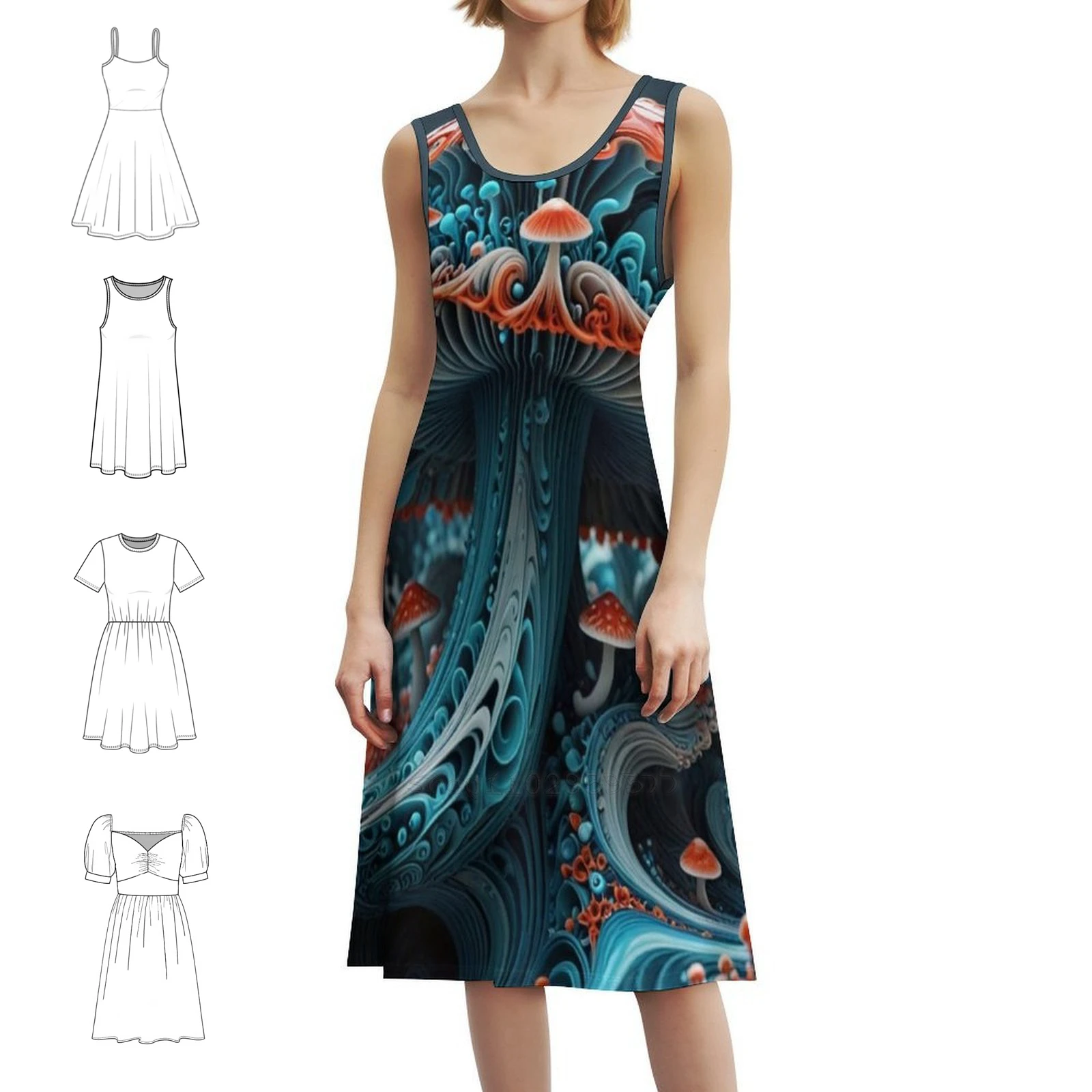 فطر مخدر في الفطر البوهيمي فستان بلا أكمام متعدد الطباعة عطلة الشاطئ فستان الحفلات سريالية الفطر الفن الخيال #1