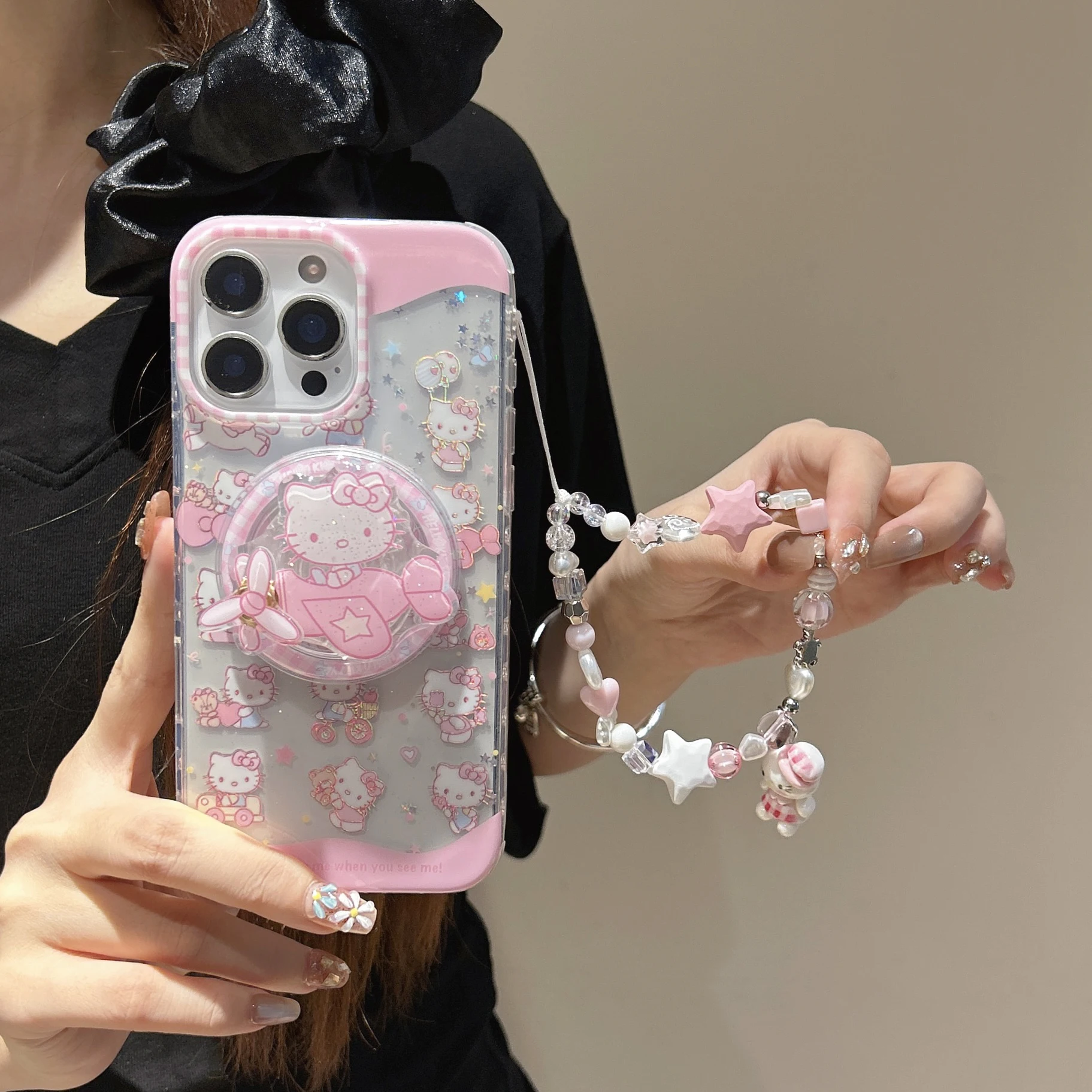 

Pretty Pinkish Transparent Summer Selections Sanrio For Hello Kitty Cartoon Shell Bracket Lanyard For iPhone16 13 14 15 Pro Max
