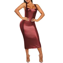여성용 샤이니 메탈릭 민소매 멜빵 Bodycon 미디 원피스, 우아한 슬림 핏, 파티 클럽 원피스, 패션, 백 슬릿, 롱 로브