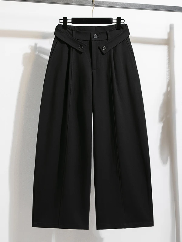 Authentic Fall Winter Thickened Woolen Suit Pants Women's Design Casual High Waist Cotton Blend Stretchy Wide Leg Trousers