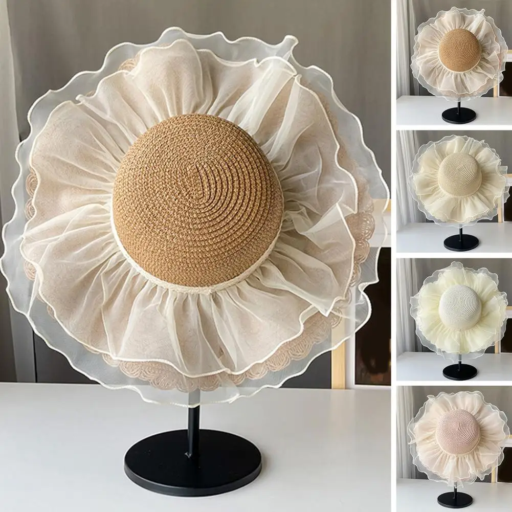

Flower Ribbon Sun Hat For Women's New Seaside Vacation Sweet Lace Sun Hat Summer Big Brim Straw Hat