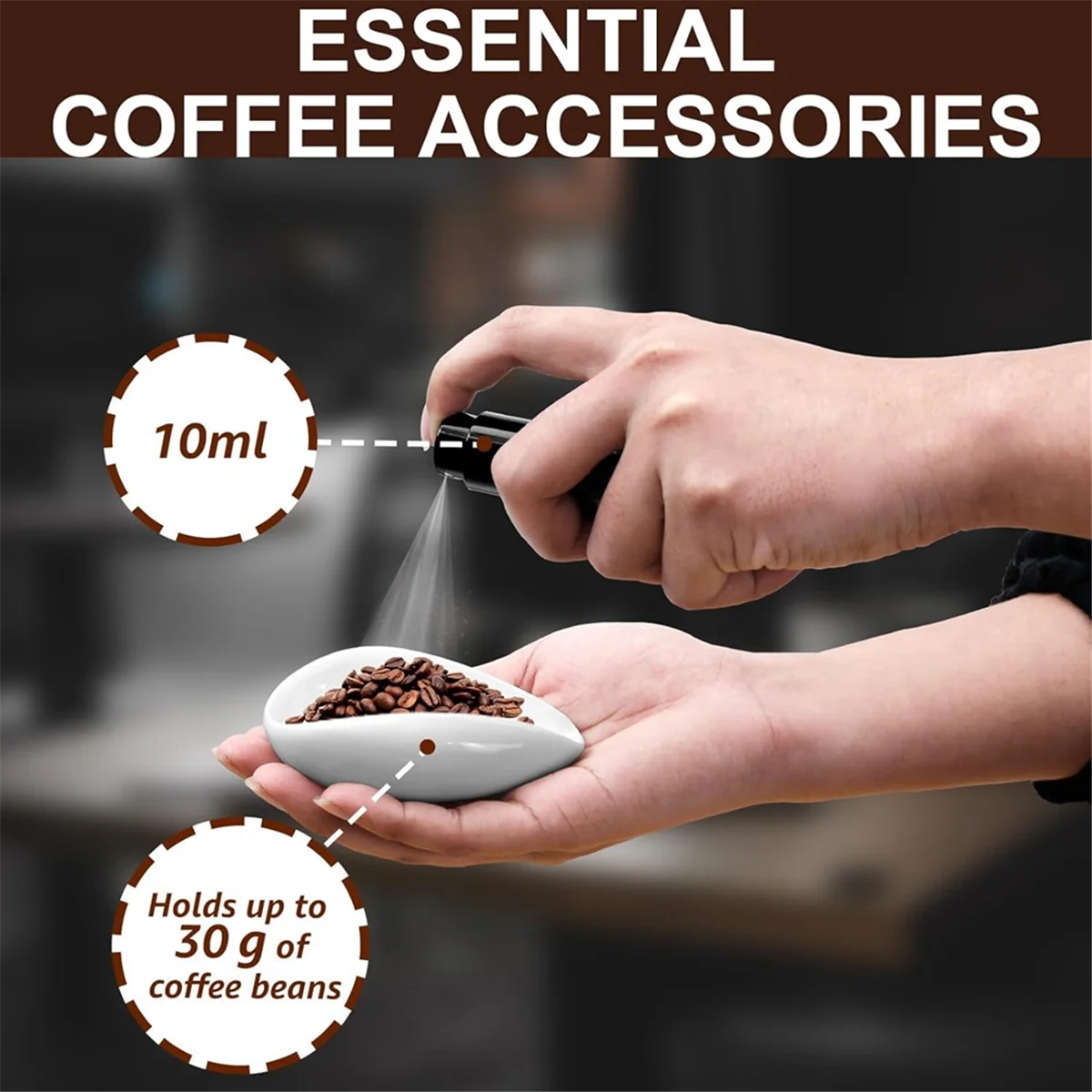 Taza dosificadora de granos de café, botella pulverizadora RDT y cuchara, Juego de 3 piezas, accesorios de barra de café, vasos dosificadores de cerámica blancos