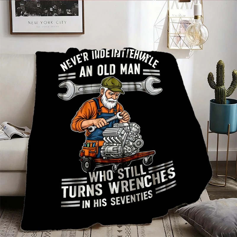Never Underestimate An Old Who Still Turns Wrenches In Seventies Flannel Blanket, Mechanic Gift, Car Guy