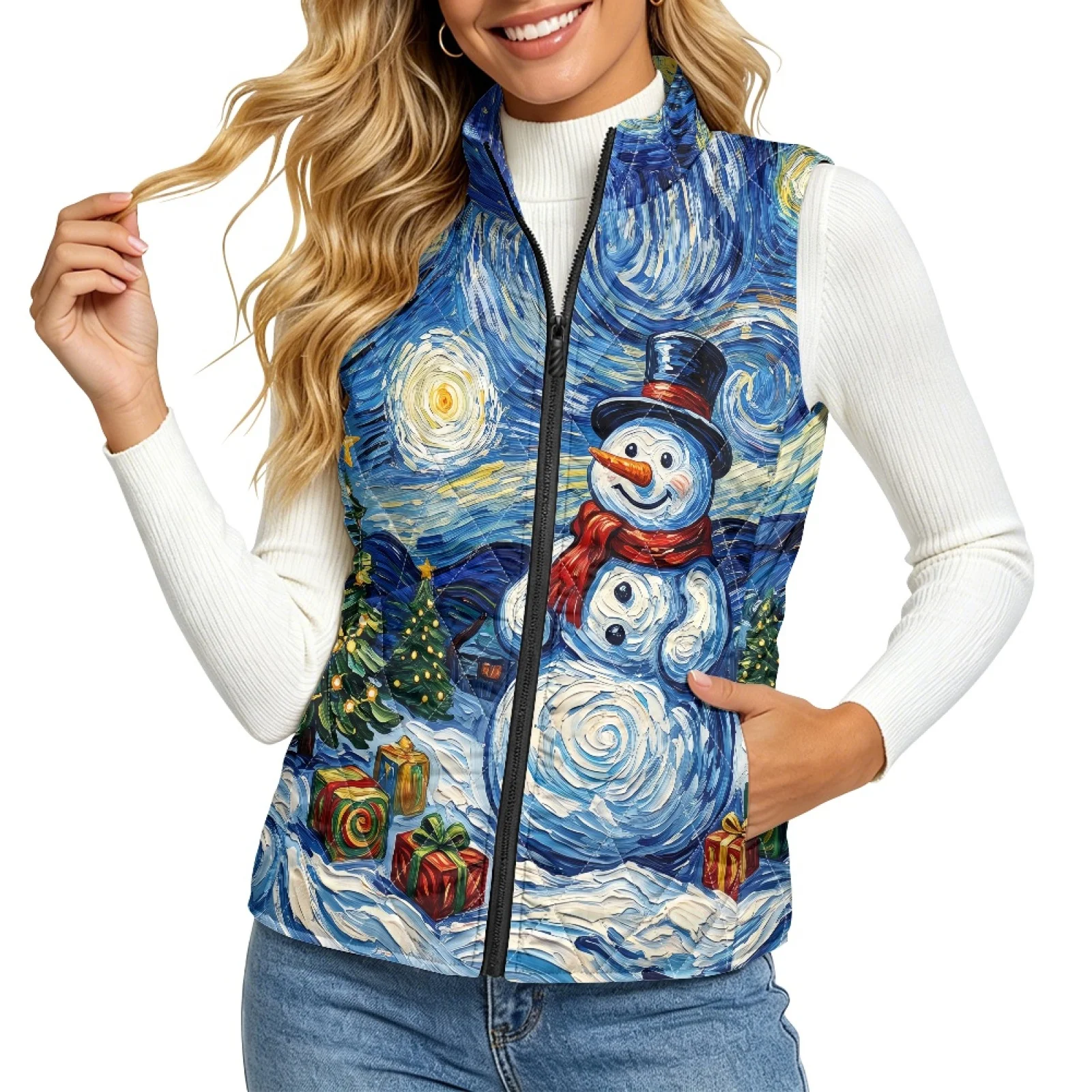PENSTROLL Snowman Starry Night Print Zip up Diamond Pattern Vest Casual Women's Quilted Jacket Vest Outwear Vests for Winter