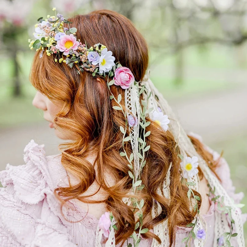 Bohemia Fringed Vines Flower Hair Crown Bride Wedding Headband Hair Band Women Flower Wreaths Garland Hair Accessories