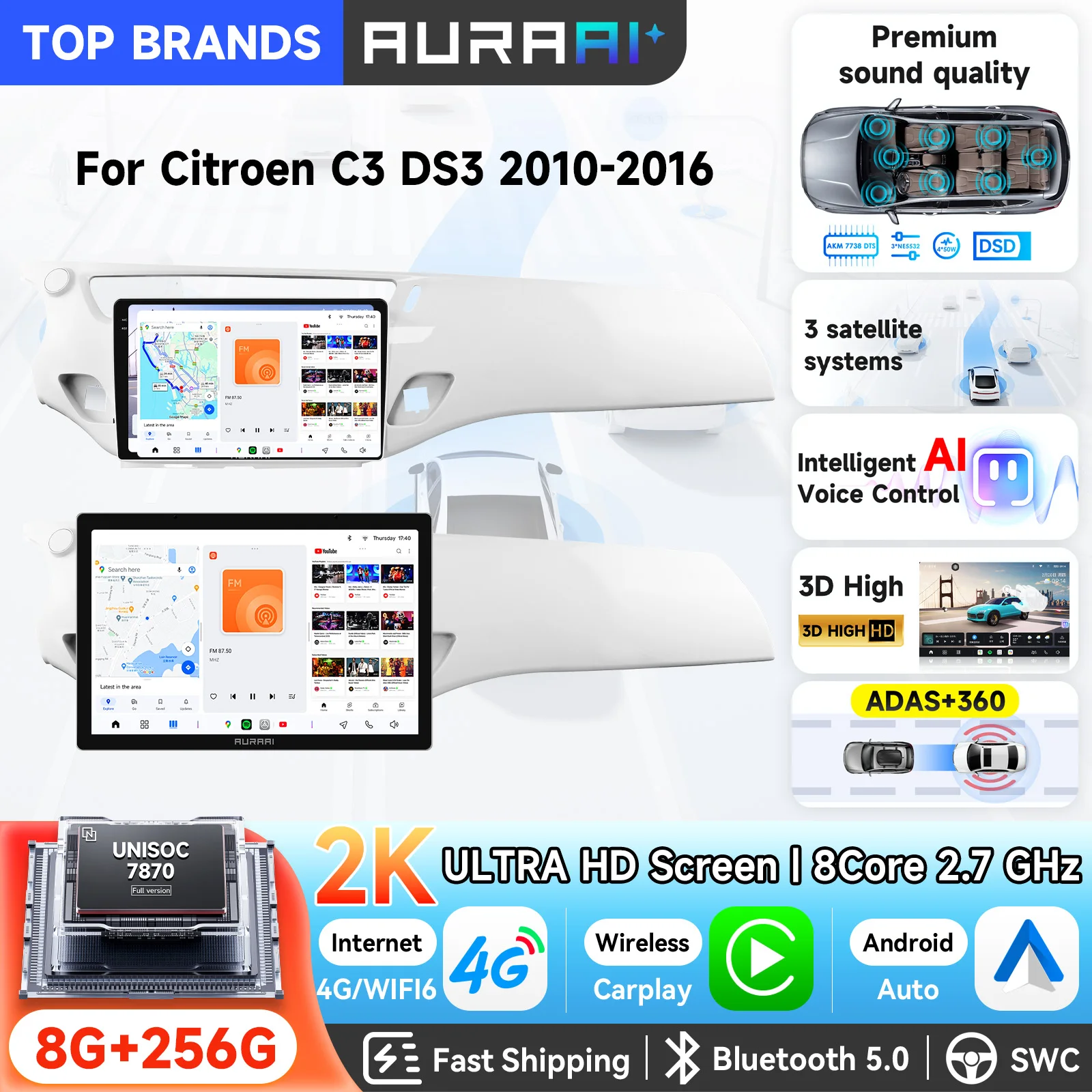 OSSURET Consegna Rapida AURAAI 9'' 13.1'' Autoradio con Schermo Touch Intelligente, Navigazione GPS per Citroen C3 DS3 2010-2016, Autoradio 7870 Android 13, Unità Principale con RDS, DSP, Audio,