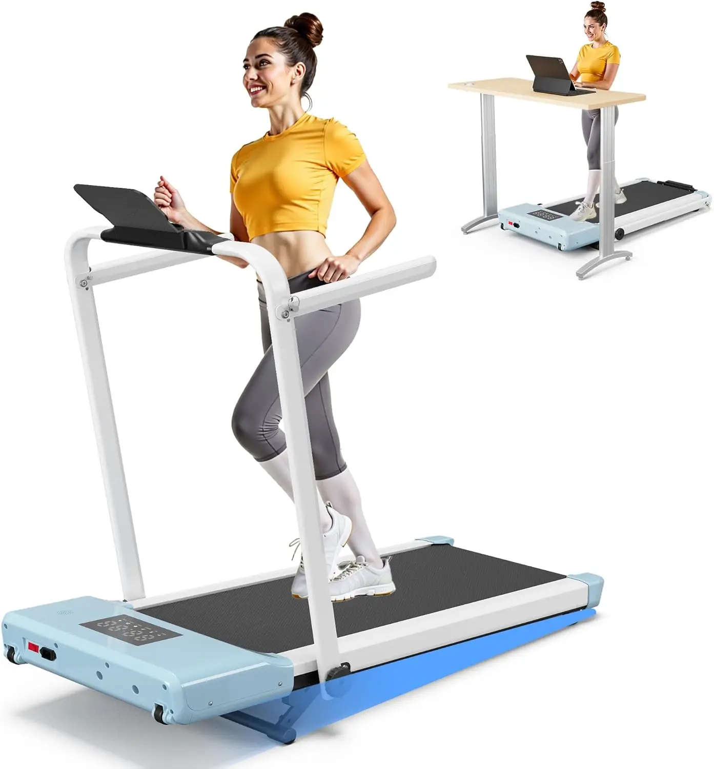 4-in-1 Foldable Under Desk Treadmill with Incline and Handle Bar, 300 lbs Capacity 3.0 HP Portable Walking Treadmill for Home Office Small Spaces, APP Controlled