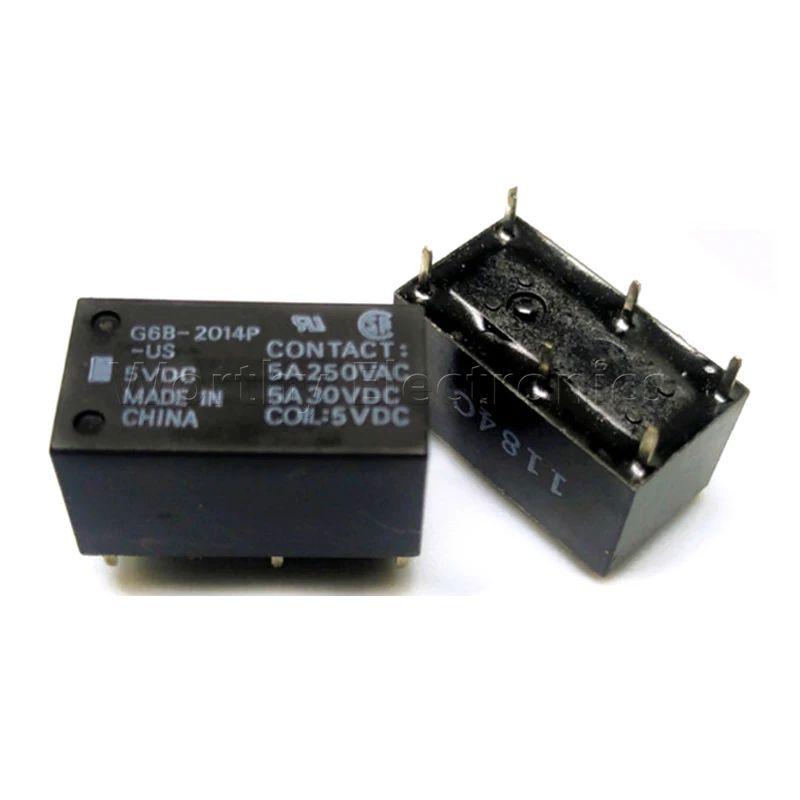 Free Shipping 10pcs/lot G6B-2014P-US-5V 12V 24VDC Small Power Relay One Open One Closed 6pin 5A 250VAC