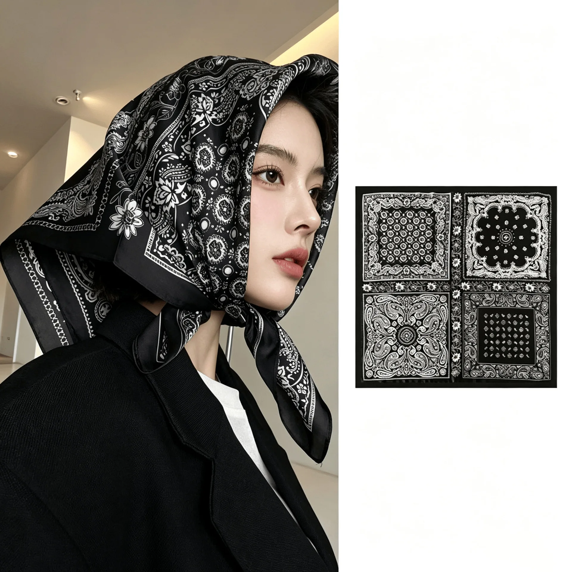 Luxury Black Paisley Pure Silk 70cm Small Square Scarf for Women, Summer UV Protection Fashion Neck Bandana Wholesale
