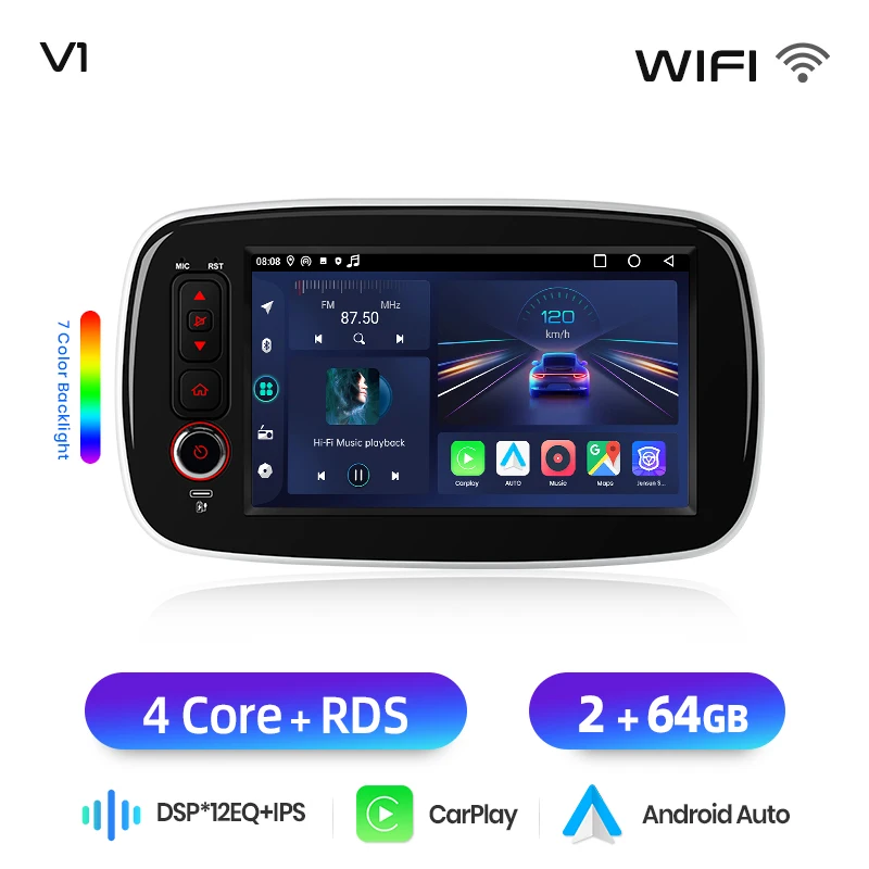 Junsun 8-Zoll Kabelloses CarPlay Android Auto Autoradio für Mercedes Benz Smart Fortwo 453 2014-2020 Multimedia Kabelloses Apple CarPlay Intelligente Systeme IPS Touchscreen Stereo-Videoplayer 2 Din