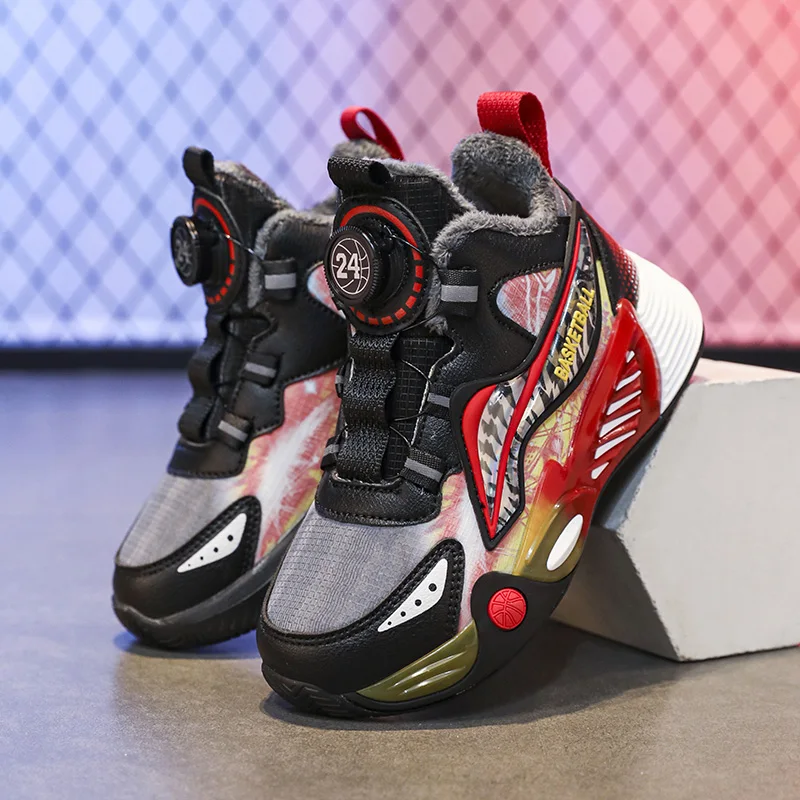 

2025 New winter Boys' warm fleece sports shoes rotating buckle children's anti-slip and shock-absorbing basketball shoes