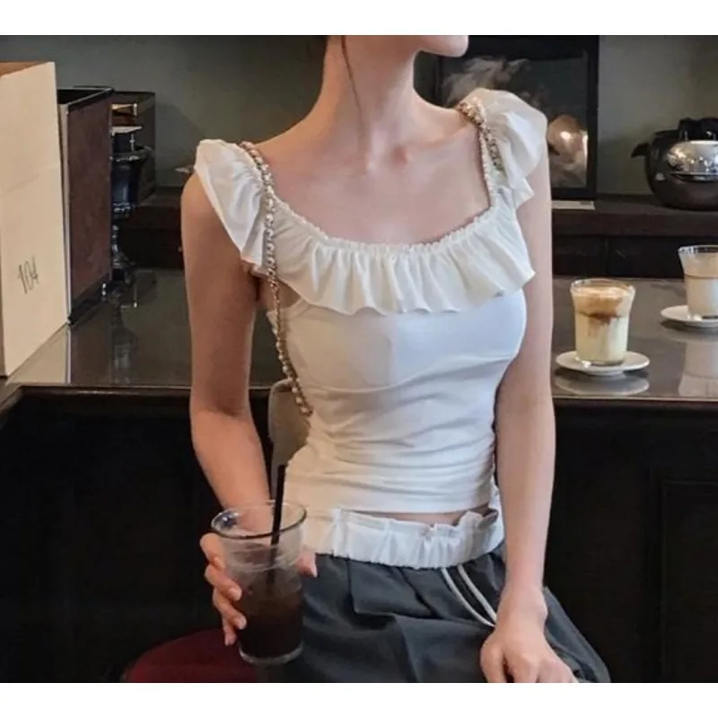 

2026 Spring and Summer New Temperament Slim Fit Sweet Fungus Edge Big U-neck Backless Sleeveless Vest T-shirt Women