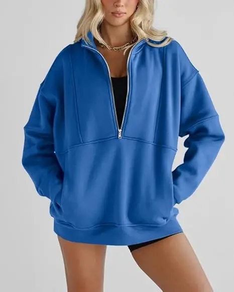 Half Zip Sweatshirts Women Cropped Pullover Fleece Stand Collar Long Sleeve Thumb Hole Oversized Solid Pullovers With Pockets