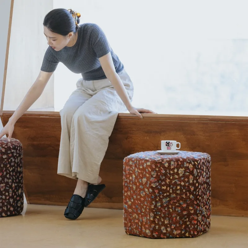 Family romance, chocolate medieval pier living room Nordic leopard print retro fabric round stool shoe change dressing stool