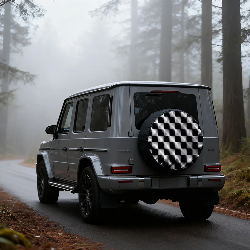 8X8 Checkered Pattern Tire Cover Polyester Fiber Material Reflective Gradient Sheen Waterproof Anti-Uv Universal Wheel Protector