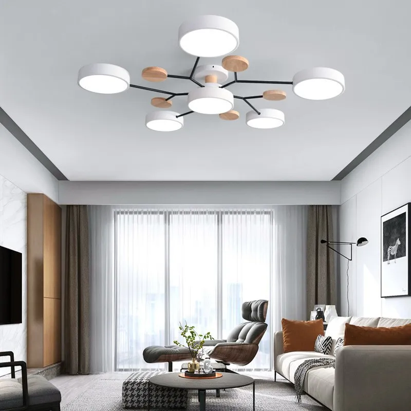 Living Room Nordic LED Ceiling Chandelier Light with Wood White Gray Modern Bedroom Ceiling Decor Lamp Lustre Indoor Lighting